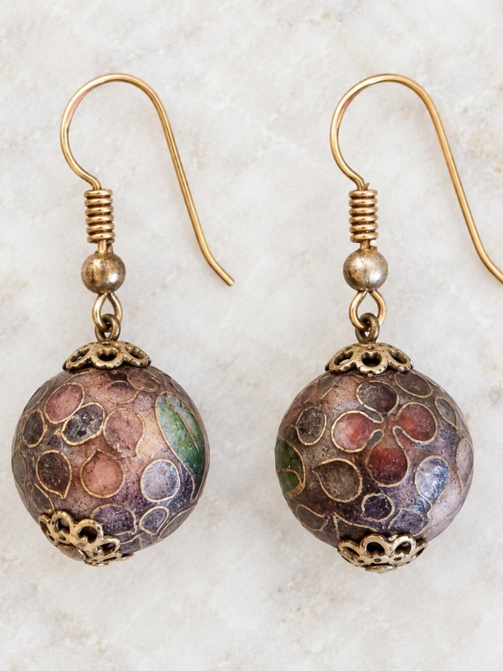 Vintage Cloisonné Enamel Bead Dangle Earrings Brown Multicolor